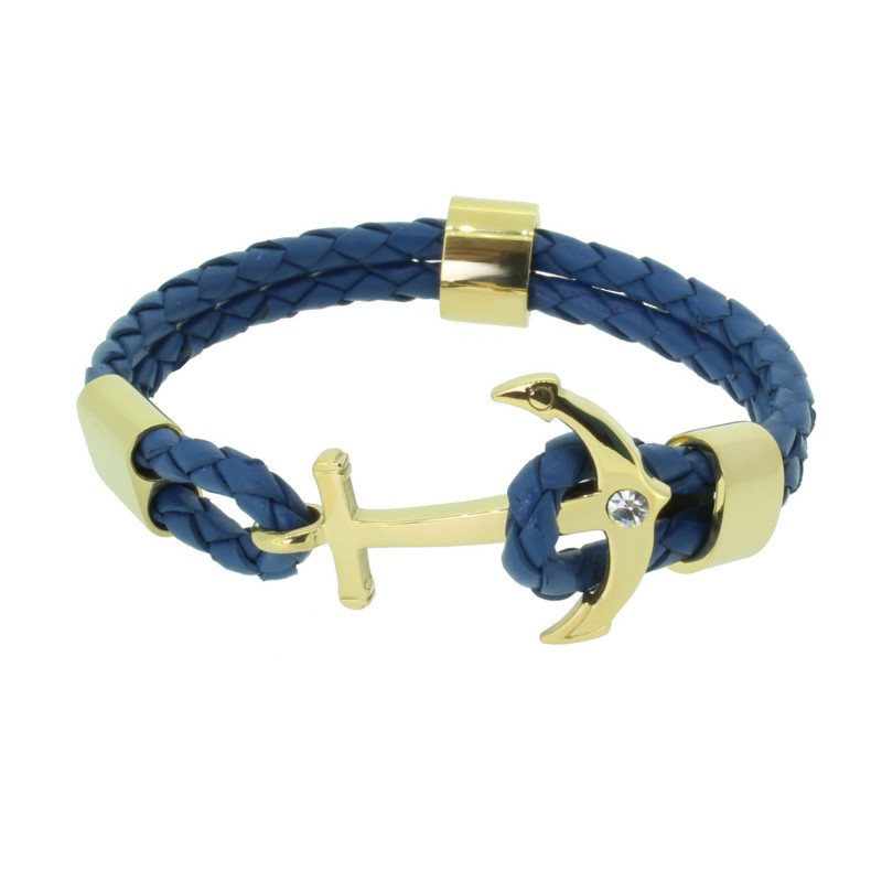 HAFEN-KLUNKER Anker Armband 110497 Edelstahl Leder Zirkonia Blau Gold